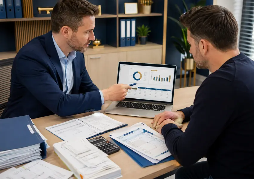 Bookkeeping adviser reviewing financial records with a UK business owner
