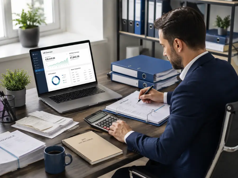 Digitax Consultants Limited accountant reviewing VAT records and financial documents in a UK office