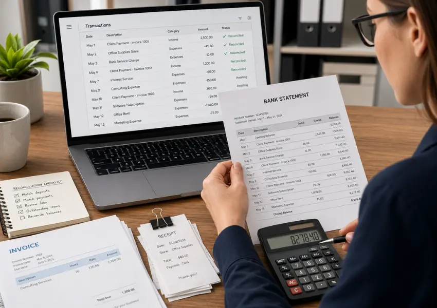 Bookkeeper checking monthly transactions and reconciling business bank records