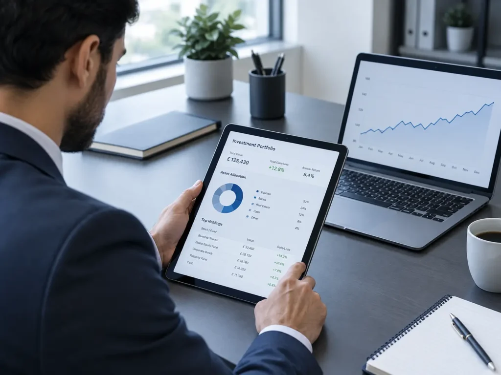 Financial adviser reviewing a shares and investment portfolio for Capital Gains Tax
