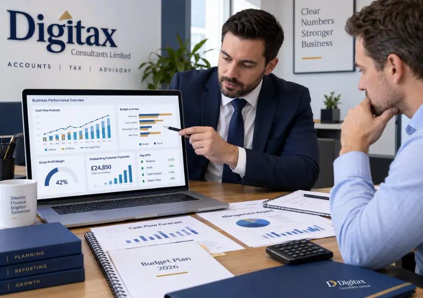 Accountant reviewing cash-flow forecasts, budgets and business KPIs
