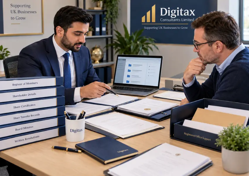Accountant reviewing company records with a UK limited-company director