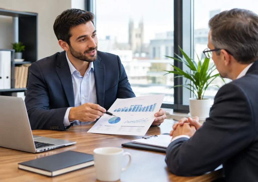 Business owner presenting a financial forecast for a funding or bank loan application"