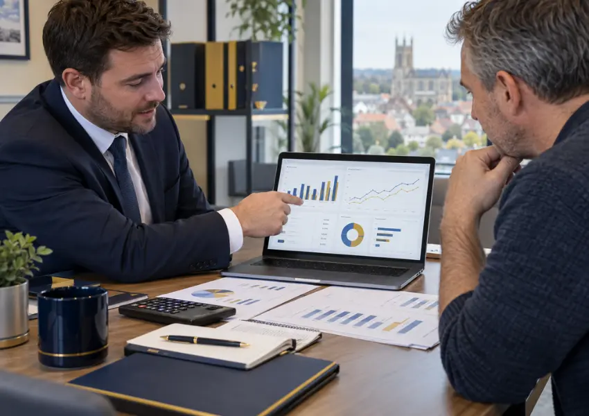 Accountant explaining monthly management accounts to a Colchester business owner