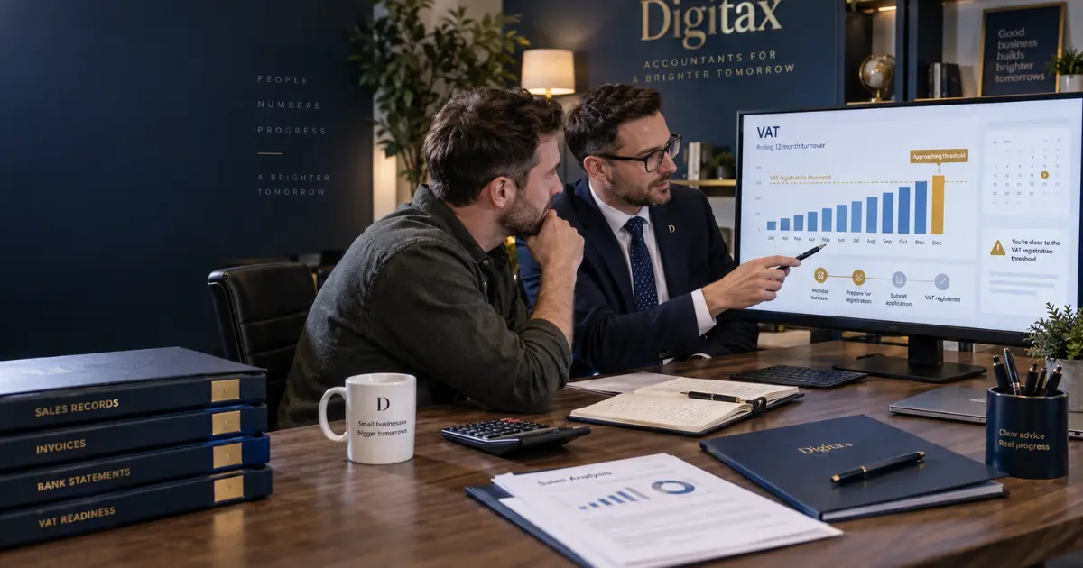 UK business owner reviewing the VAT registration threshold with an accountant